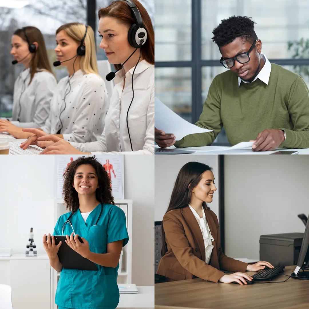 Colagem ilustrativa com quatro cenas de trabalho: atendimento por telefone, análise de documentos, enfermagem e trabalho administrativo